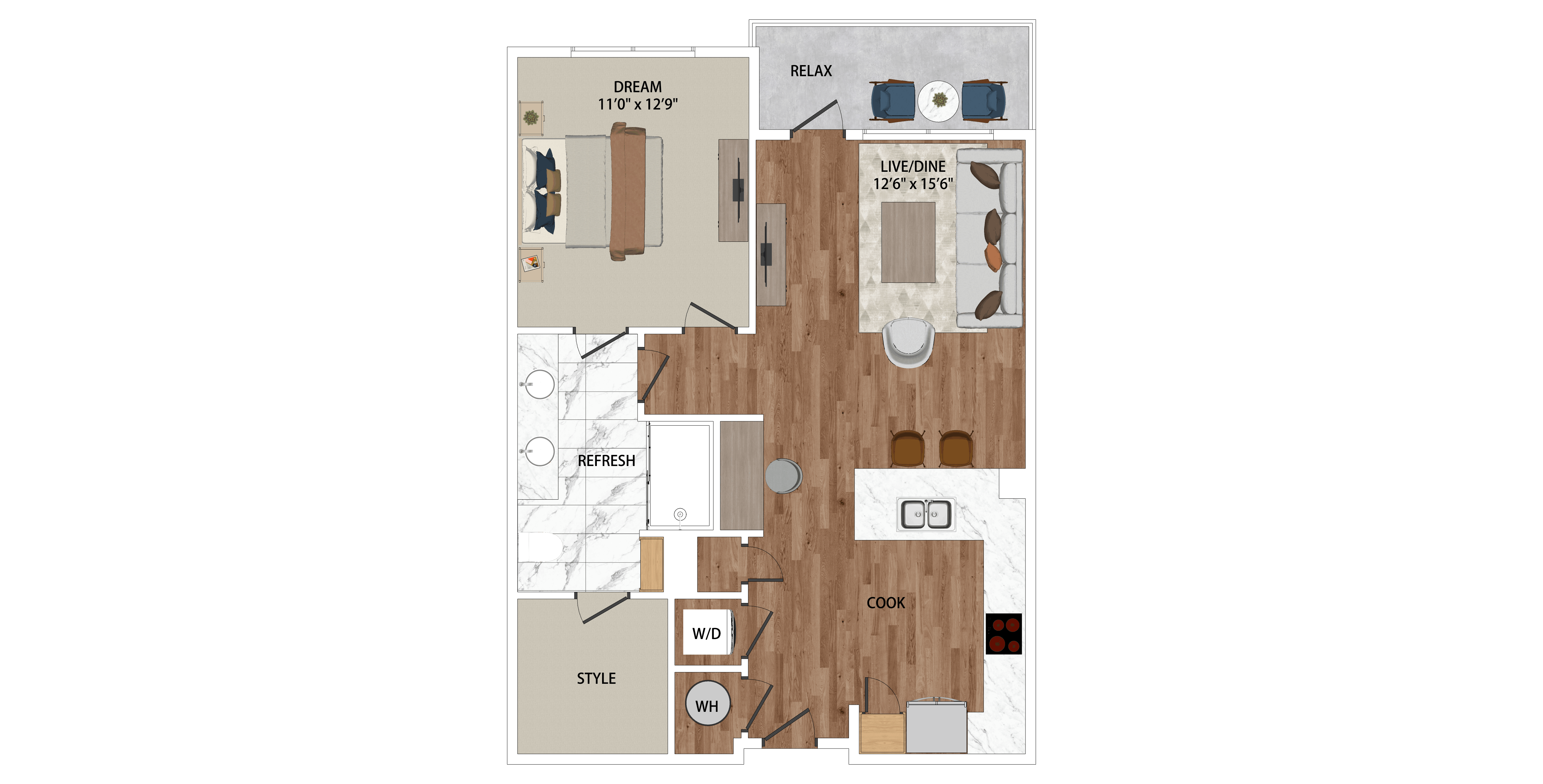 Floor plan for 1 bed, 1 bath, 795 sqft